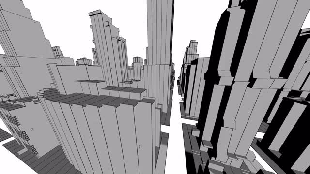3d动画，一个苍蝇在城市建筑上方，具有卡通效果视频下载