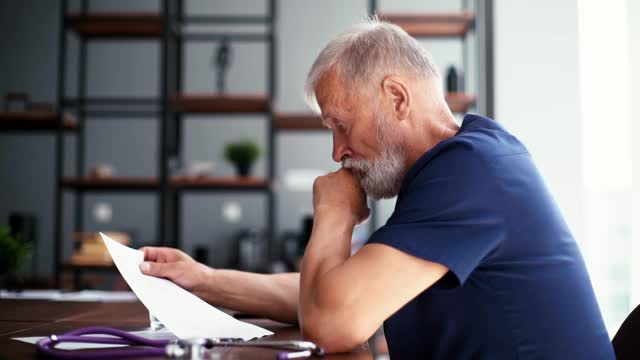 白发苍苍的老年成熟男医生坐在办公桌前阅读病人的医疗报告。视频素材