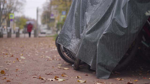 空旷的巴甫洛夫斯克公园在秋天，阴天雨天，停车场上出租自行车视频下载