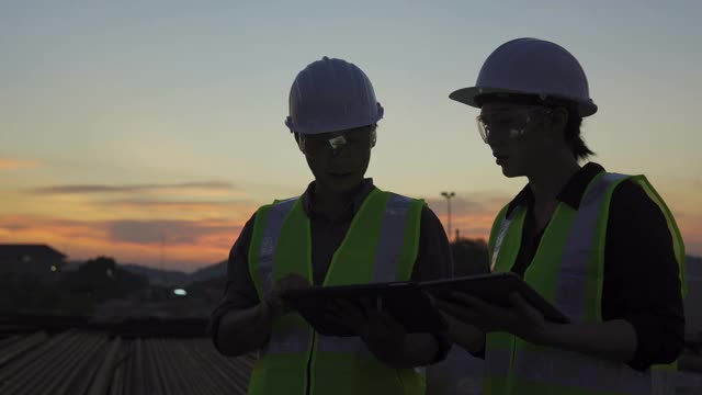 一男一女工程师在工业、石油或天然气工厂背景下讨论平板电脑的视频视频下载