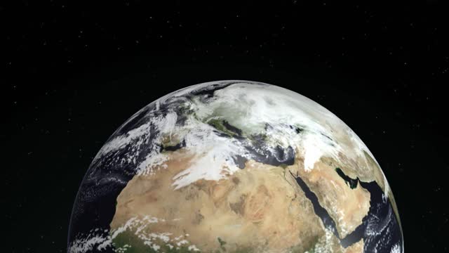 美丽的日出世界天际线。来自太空的行星地球。行星地球旋转动画。剪辑包含空间，行星，银河系，恒星，宇宙，海洋，地球，日落，地球。4 k 3 d渲染。图片来自美国宇航局视频素材