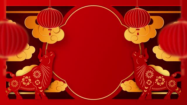 中国新年2021年的牛年，红色和金色剪纸艺术，灯笼和亚洲元素与工艺风格的背景。新年快乐。4K循环视频动画与复制空间。视频素材