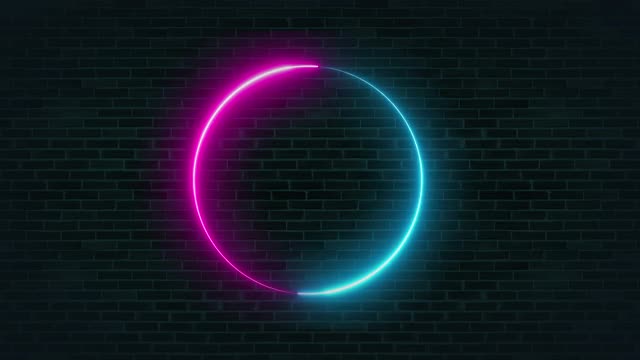 动画霓虹发光的圆圈框架在砖墙上。视频素材