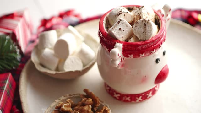美味的自制圣诞热巧克力或可可与棉花糖视频素材