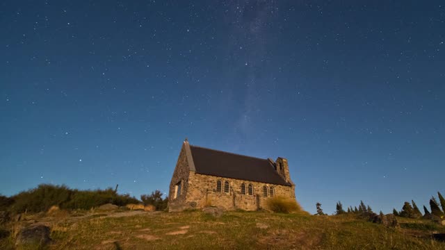 新西兰好牧人教堂的夜景视频下载
