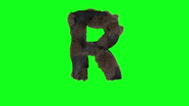 抽象毛茸茸的字母R符号毛茸茸的字母绿色屏幕色度键动画3d视频下载