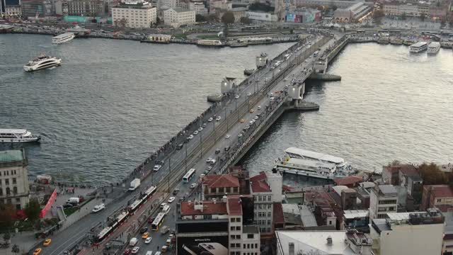 从伊斯坦布尔到米诺努的加拉塔桥。鸟瞰图视频素材