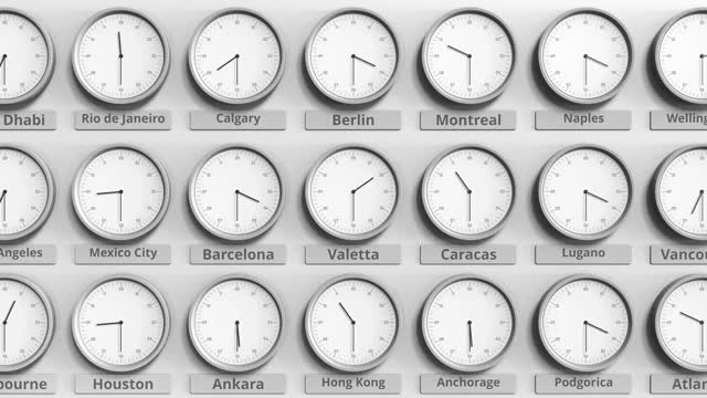 时钟显示瓦莱塔，马耳他不同时区的时间。三维动画视频下载
