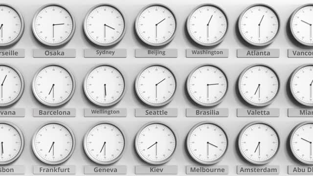 关注美国西雅图时间的时钟。三维动画视频下载