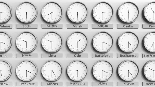 在世界时区内显示挪威奥斯陆时间的圆形时钟。三维动画视频素材
