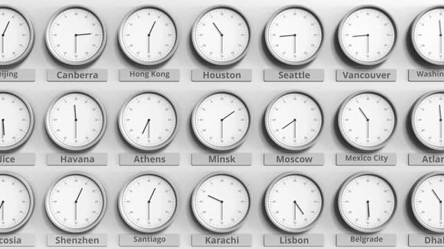 时钟显示白俄罗斯明斯克不同时区的时间。三维动画视频下载