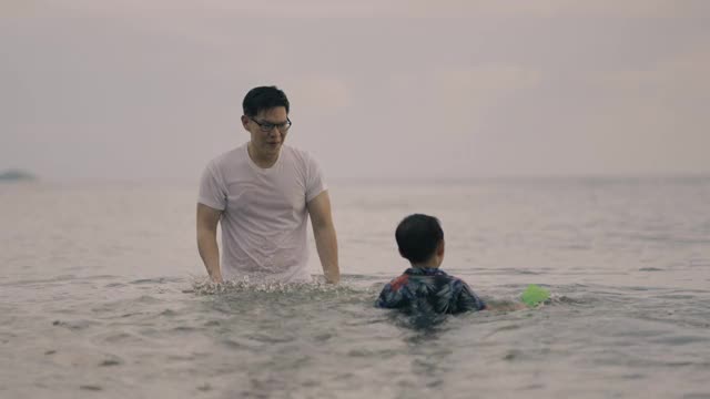 在海滩上，父亲把儿子从海水中抬起来视频素材