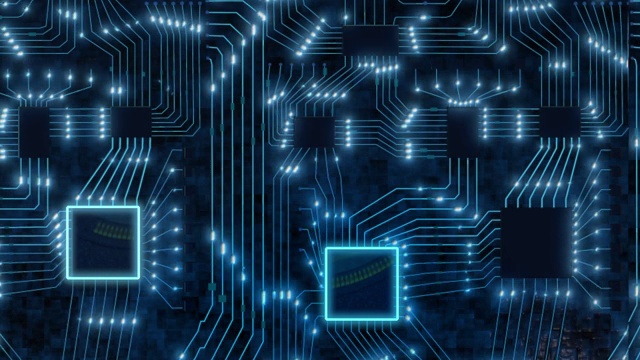 科幻数字蓝色背景，印刷电路板用芯片和电子信号三维渲染二进制数据视频素材