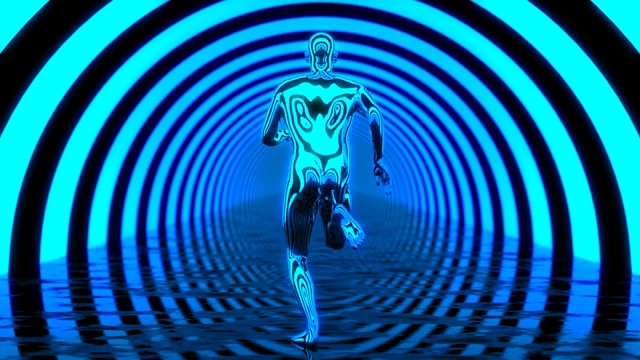 人运行在蓝色圆圈3D循环抽象背景隧道视频下载
