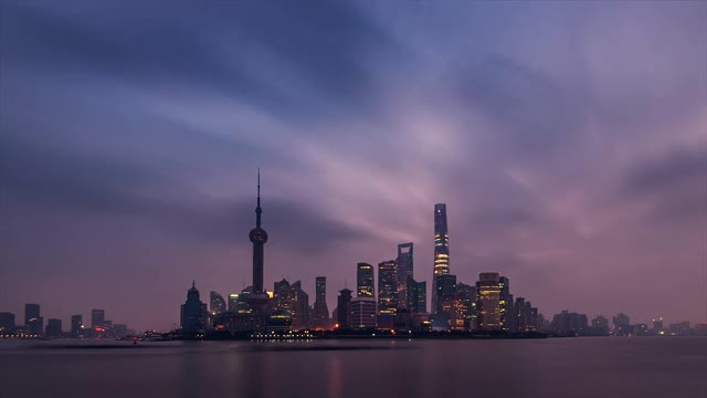 间隔拍摄。上海地标，日出时的城市天际线，中国视频下载