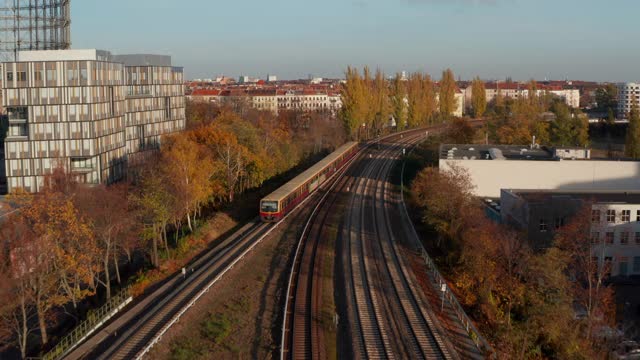 在德国的大城市柏林，有涂鸦的火车经过树木，在黄金时间日落，城市景观与公共交通旁边的办公楼，空中摄影在视频下载