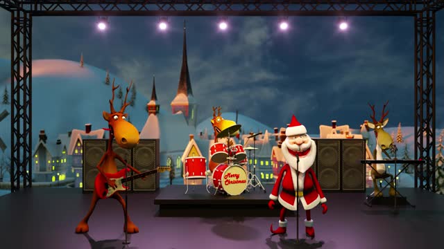 滑稽疯狂的圣诞老人和驯鹿在圣诞冬季小镇演奏乐器。圣诞节和新年的概念。无缝循环圣诞动画。视频素材