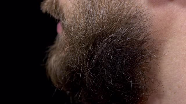 一个男人的特写胡子梳理他的胡子用梳子在一个黑色的背景视频下载