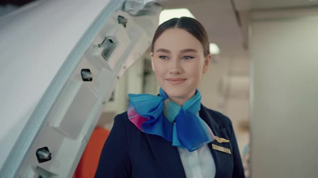 美丽的亚洲空姐在飞机上微笑，热情和欢迎。视频素材