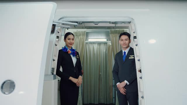 友好的亚洲空姐在飞机上微笑，热情欢迎的微笑。视频素材