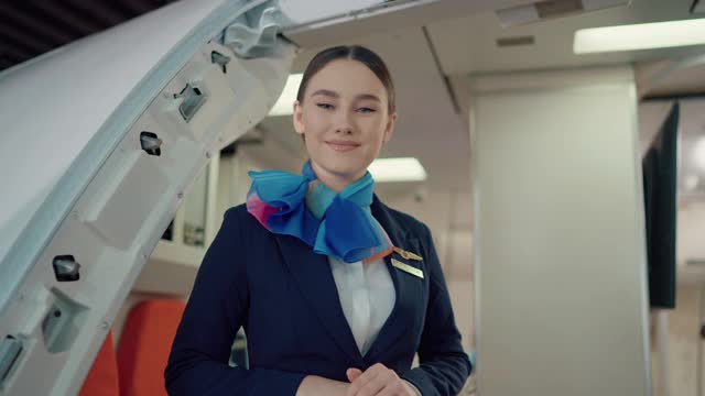 美丽的白人空姐在飞机上微笑，热情和欢迎的微笑。视频素材