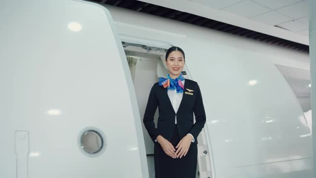 美丽的亚洲空姐在飞机上微笑，热情和欢迎。视频素材