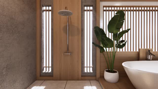 热带浴室日式风格。3d渲染视频下载