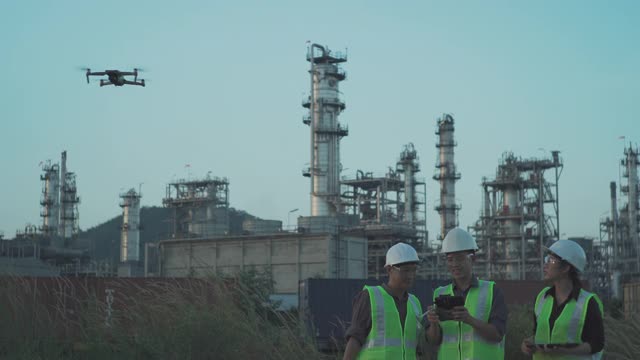 亚洲团队工程师操纵无人机在炼油厂上空飞行。视频素材