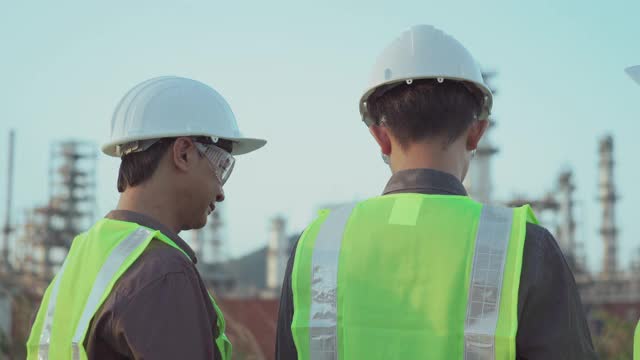 团队工程师亚洲工人在工业工厂工作在一个数字平板电脑。视频素材