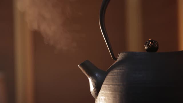 铸铁蒸汽茶壶视频素材