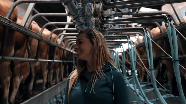 微笑的年轻女子站在奶牛场视频素材