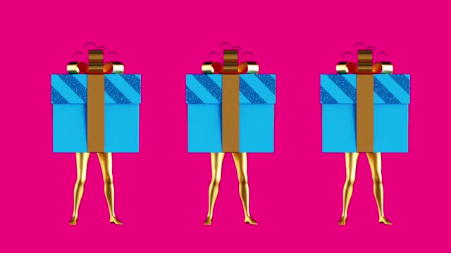 循环动画跳舞的3d礼盒与金色的假人腿。有趣的迪斯科派对视频下载