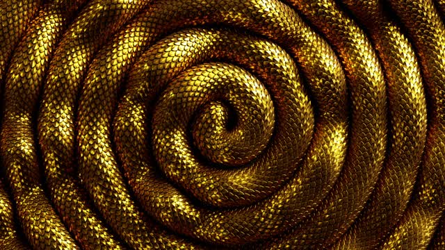 抽象螺旋三维背景与闪亮的金色蛇移动，闪亮的皮肤鳞片纹理循环动画视频下载