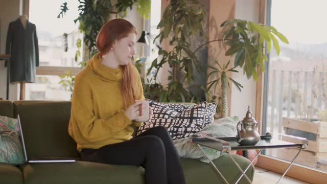年轻女子坐在家里的沙发上喝着茶，用着笔记本电脑视频素材