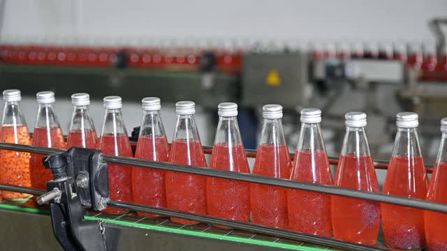 彩色果汁瓶是装瓶厂的自动生产线机械视频素材