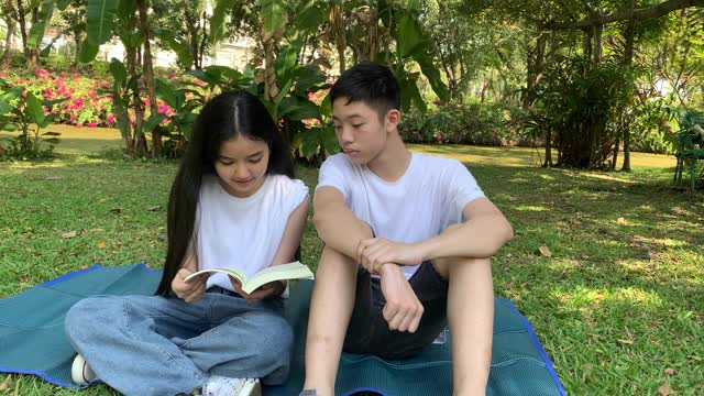 年轻的亚洲男女在公园的草地上愉快地一起阅读。视频下载