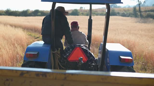 两个农民在拖拉机上视频素材