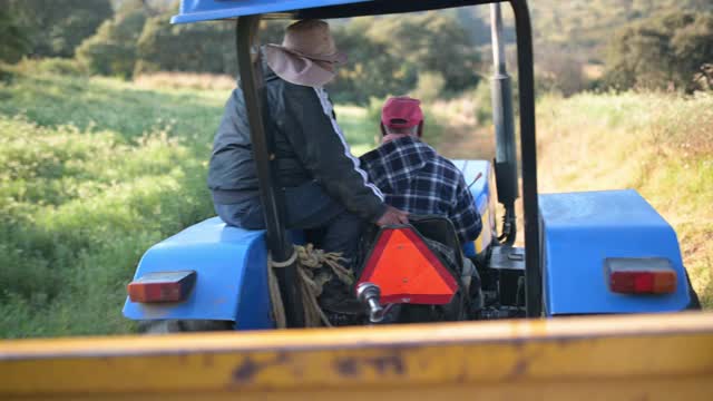 两个工人在拖拉机上准备在一块有机地里干活视频素材