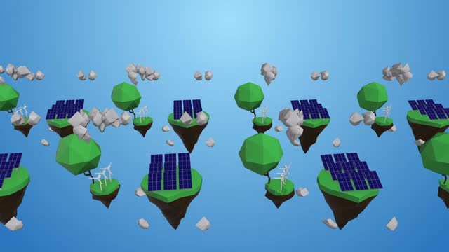 分离岛屿上的太阳能电池板悬浮在空中的4k视频。生态用地的概念。视频素材