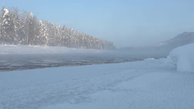 河流和积雪覆盖的树木沿河岸在山上视频素材