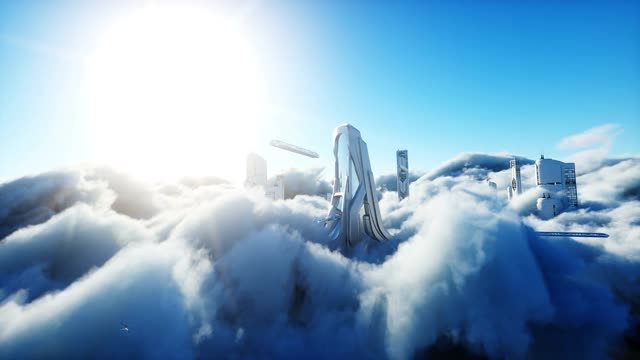 云中的未来科幻城市。乌托邦。未来的概念。客运飞行。空中的观点。现实的4 k的动画。视频素材