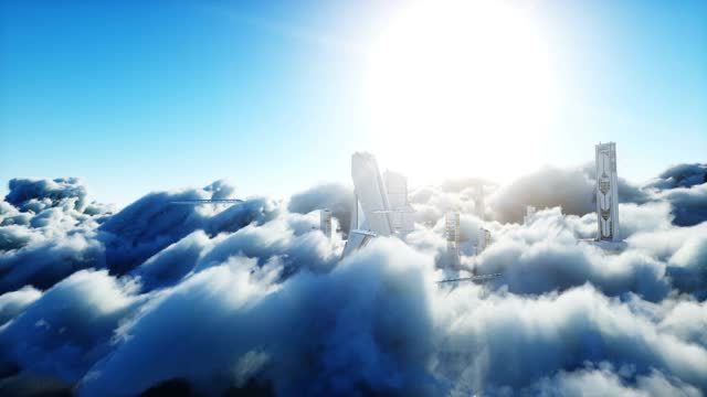 云中的未来科幻城市。乌托邦。未来的概念。客运飞行。空中的观点。现实的4 k的动画。视频素材
