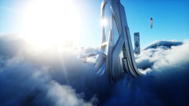 云中的未来科幻城市。乌托邦。未来的概念。客运飞行。空中的观点。现实的4 k的动画。视频下载