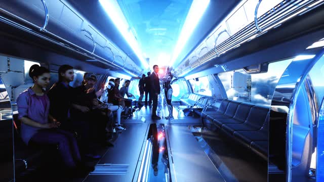 人们和机器人。飞行客运列车。云中的未来科幻城市。乌托邦。未来的概念。空中的观点。现实的4 k的动画。视频素材
