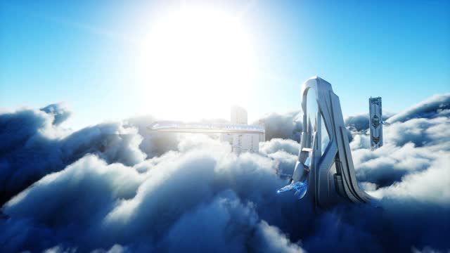 飞行客运列车。云中的未来科幻城市。乌托邦。未来的概念。空中的观点。现实的4 k的动画。视频下载
