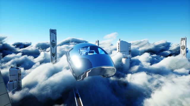 飞行客运列车。云中的未来科幻城市。乌托邦。未来的概念。空中的观点。现实的4 k的动画。视频素材