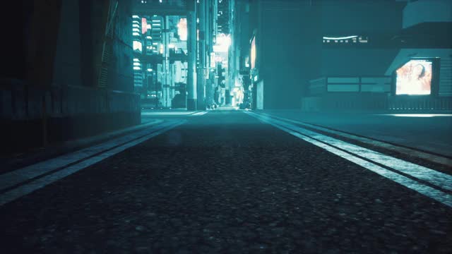 废弃的霓虹雾蒙蒙的街道上的电子城市有着黑暗寂寞的建筑。动画小说，网络和科幻背景。未来虚构城市的景象。视频素材