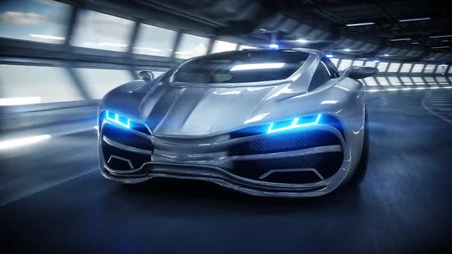 未来汽车在科幻隧道、走廊中快速行驶。未来的概念。现实的4 k的动画。视频素材