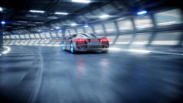 未来汽车在科幻隧道、走廊中快速行驶。未来的概念。现实的4 k的动画。视频素材