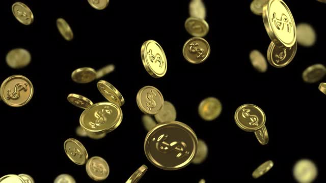 落在黑色背景上的美元符号的金币。带有景深的循环3D动画。动画有一个透明的背景视频下载